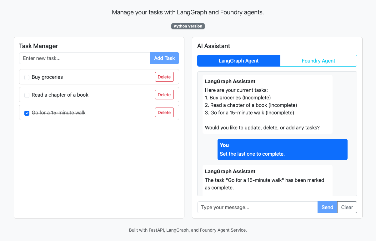螢幕擷取畫面為 LangGraph 代理程式的聊天完成工作階段。