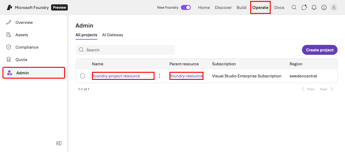 顯示如何快速切換至 Foundry 資源或 Foundry 專案資源的螢幕擷取畫面。