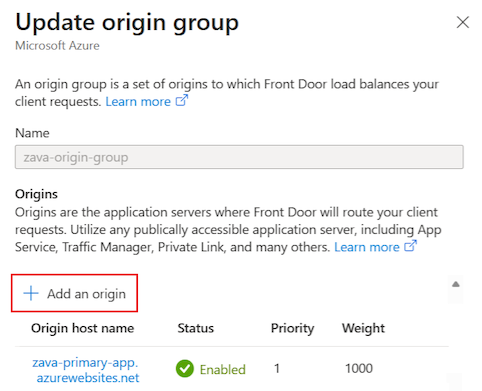 此螢幕擷取畫面顯示如何再次加回 Azure Front Door 來源位置。