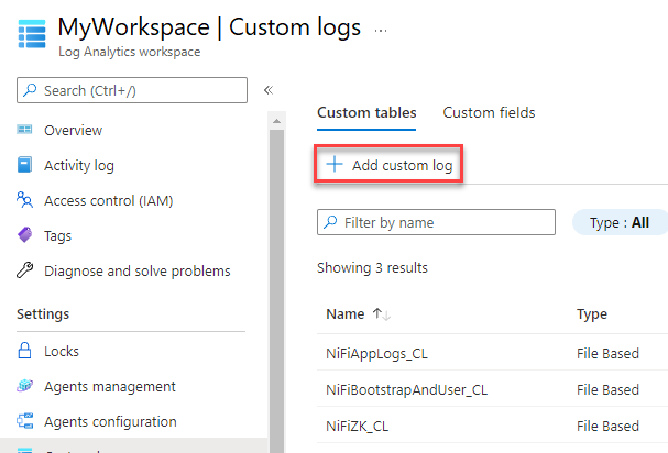 Azure 入口網站 中 [自定義記錄] 頁面的螢幕快照，其中已呼叫 [新增自定義記錄]。