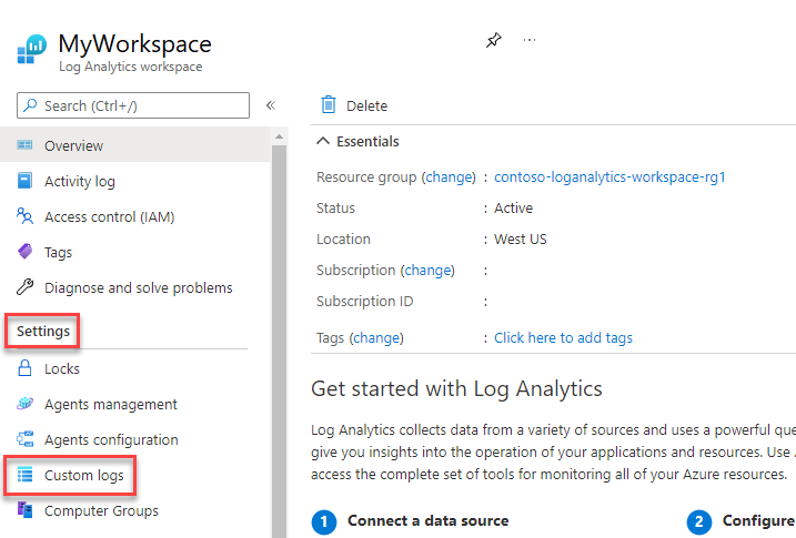 Azure 入口網站 中 MyWorkspace 頁面的螢幕快照。會呼叫 設定和自定義記錄。