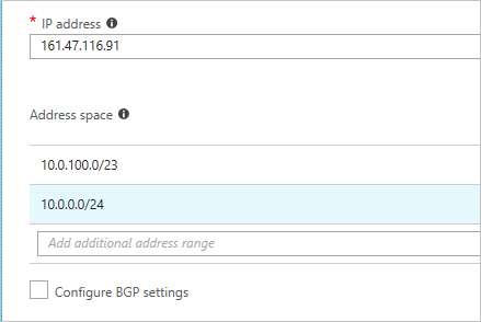 顯示 Azure Stack Hub 區域域網路閘道中點對站位址空間的螢幕快照。