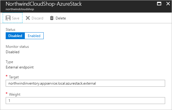 顯示如何在 Azure 入口網站 中停用 Azure Stack Hub 端點的螢幕快照。