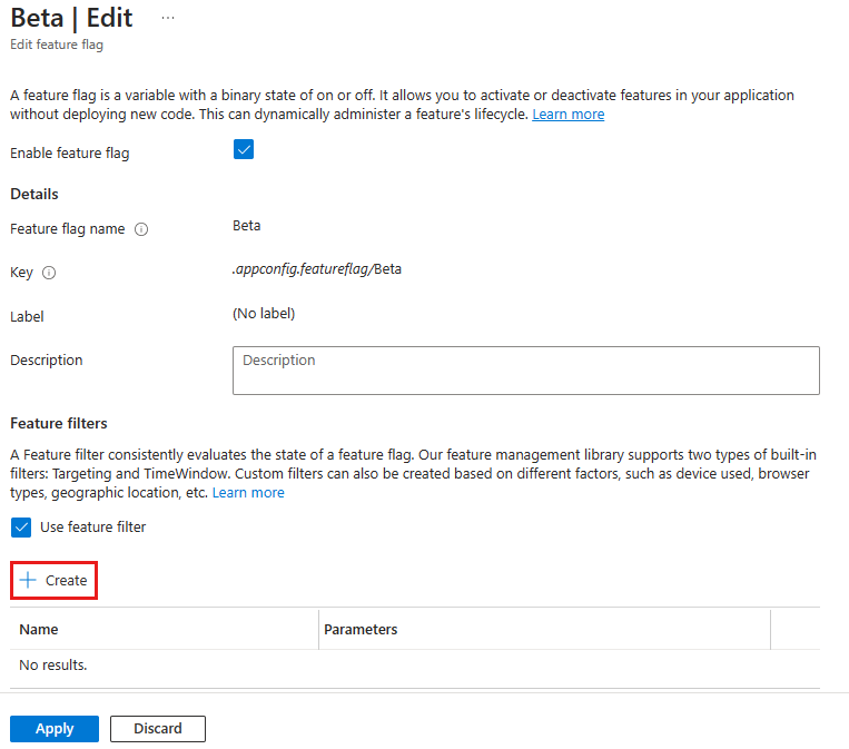 Screenshot of the Azure portal, filling out the form 'Edit feature flag'.