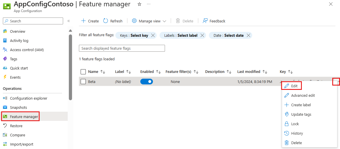 Screenshot of the Azure portal, selecting the Edit option for the Beta feature flag, under Feature manager.