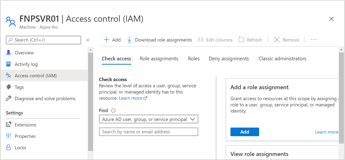 顯示已啟用 Azure Arc 的伺服器存取控制之 Azure 入口網站 螢幕快照。