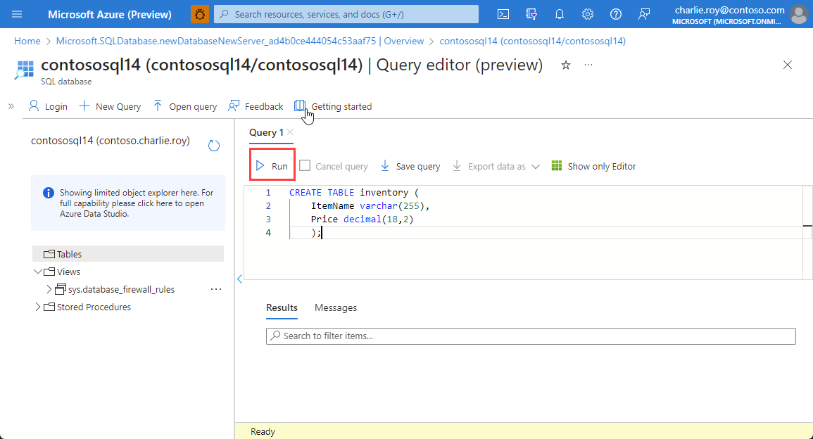 顯示 Azure SQL 資源 查詢編輯器 中建立數據表的螢幕快照。
