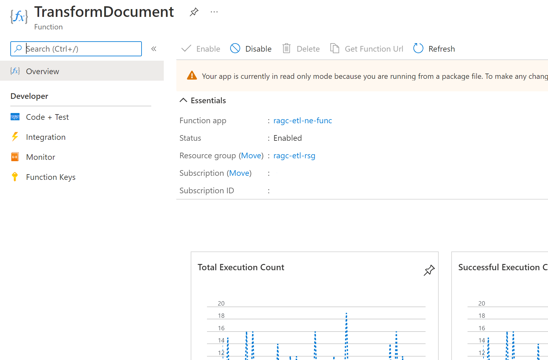 Screenshot of Host.Aggregator telemetry displayed in function Overview tab.