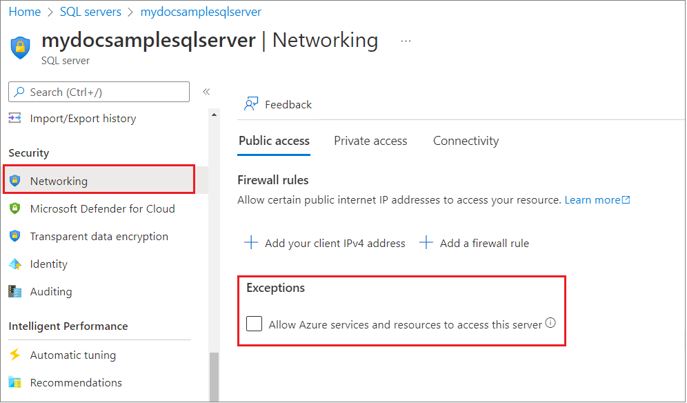 在 Azure 入口網站中檢查 Azure SQL 資料庫防火牆設定的截圖。