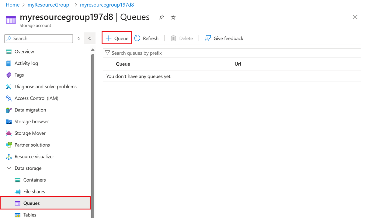 新增佇列到 Azure 入口網站中的儲存體帳戶。