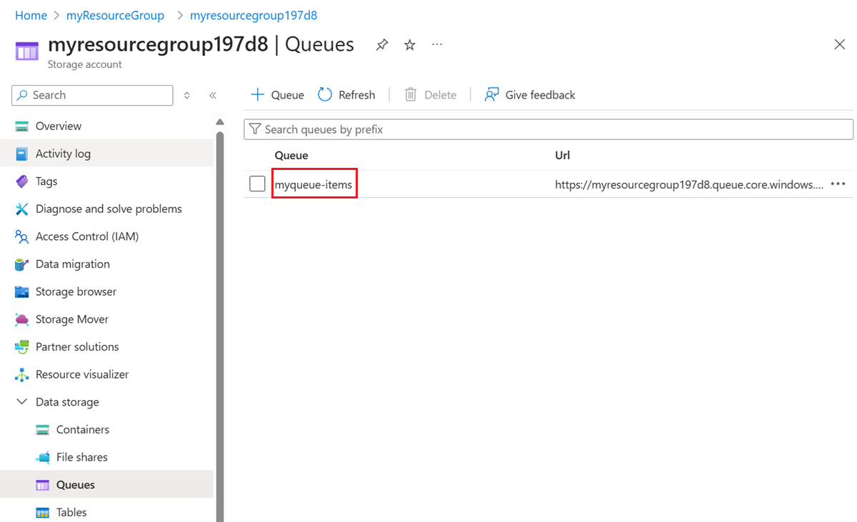 在 Azure 入口網站中移至您的 myqueue-items 佇列。