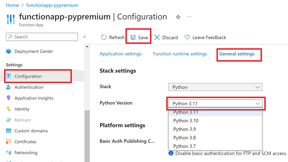 如何在 Azure 入口網站中為函數應用程式設定所需 Python 版本的螢幕擷取畫面。