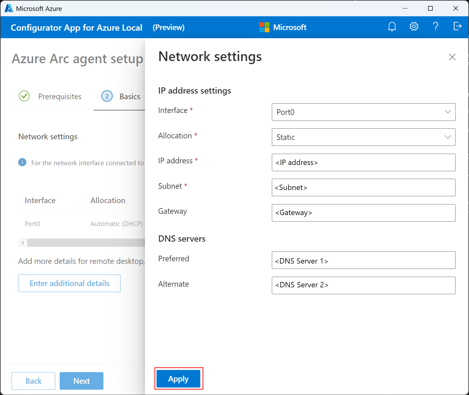 Configurateor 應用程式中 Azure Local 的基本功能索引標籤已設定網路配置的截圖。