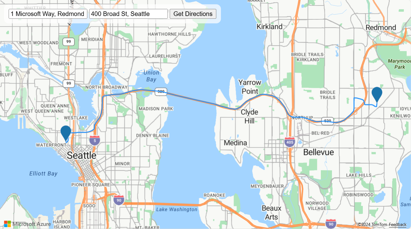 Azure 地圖地圖的螢幕快照，其中顯示從 Redmond 到西雅圖華盛頓的路線。