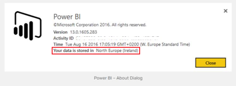 截圖顯示關於Power BI對話框。