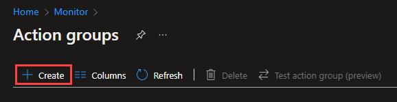 螢幕擷取畫面：Azure 入口網站中的 [動作群組]，其中已標註 [建立] 按鈕。