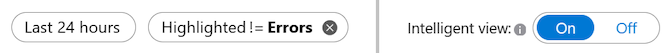 Screenshot of filters to show only errors highlighted red over the last 24 hours and Intelligent view is enabled.