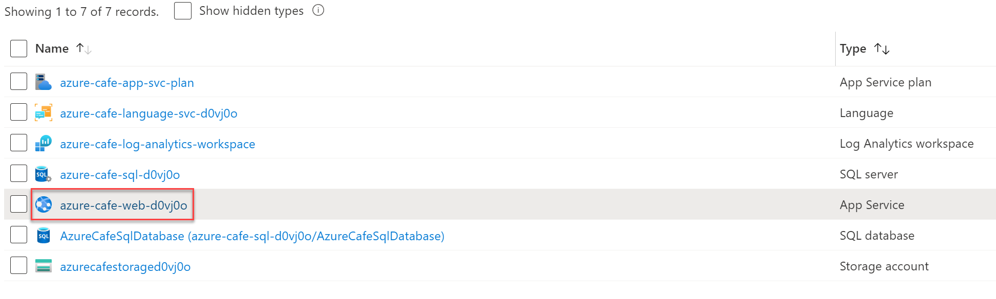 顯示 Azure Cafe 資源群組，並醒目提示了 azure-cafe-web-{SUFFIX} 資源。