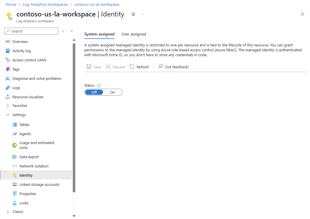 顯示 Azure 入口網站中工作區身分識別設定的螢幕快照。