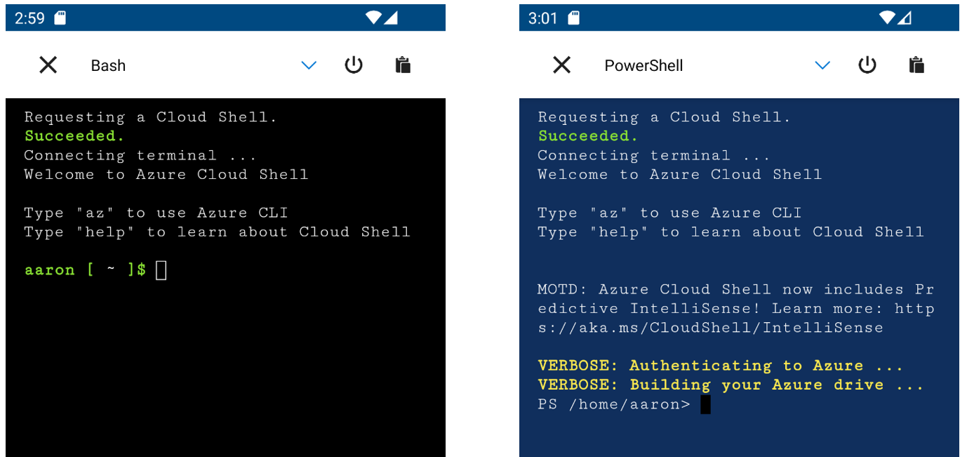 此螢幕擷取畫面顯示 Azure 行動應用程式中 Cloud Shell 的 Bash 和 PowerShell 選項。