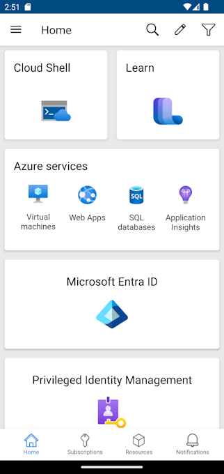此螢幕擷取畫面顯示包含 Cloud Shell 卡片的 Azure 行動應用程式首頁。