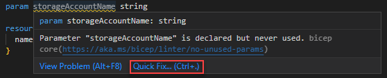 The screenshot of No unused parameters linter rule quick fix.