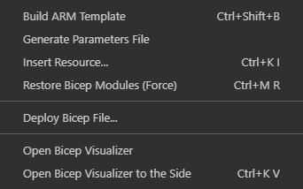 Bicep 檔案操作功能表中 Visual Studio Code Bicep 命令的螢幕快照。
