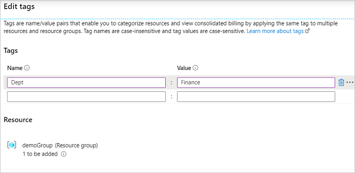 Screenshot of Azure portal with the Add Tag dialog box open.