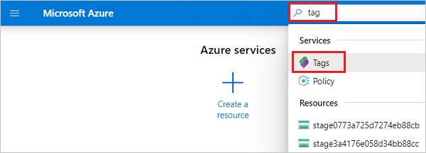 Screenshot of Azure portal search bar with 'tags' entered and selected from the available options.