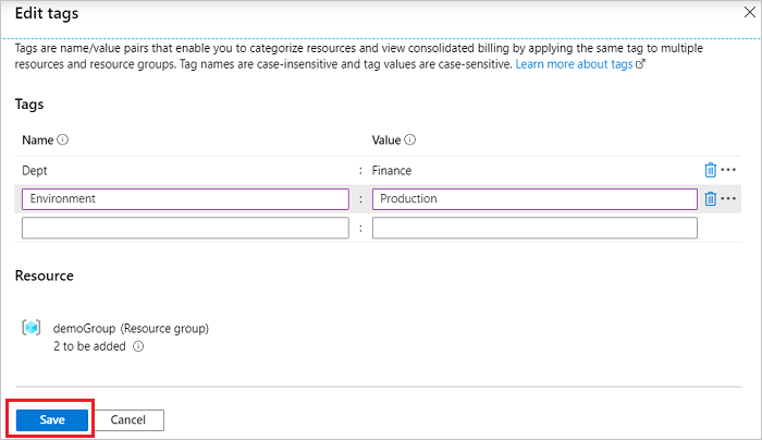 Screenshot of Azure portal with the Save button highlighted after adding tags.