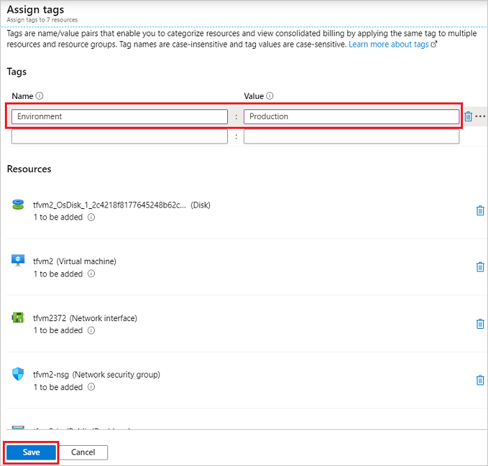 Screenshot of Azure portal with the Assign Tags dialog box open for multiple resources.