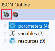 Screenshot of the JSON Outline window with the Add New Resource option highlighted.