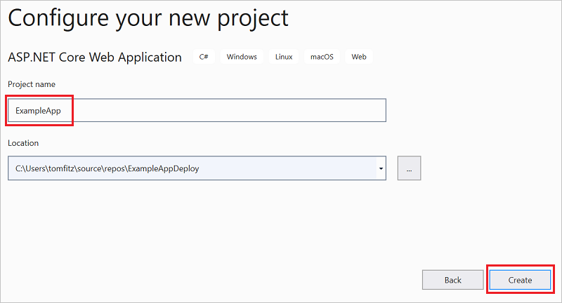 Screenshot of the project naming window for the ASP.NET Core Web Application.