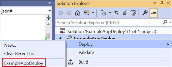 Screenshot of the deployment project context menu with Deploy and the previously used resource group highlighted.