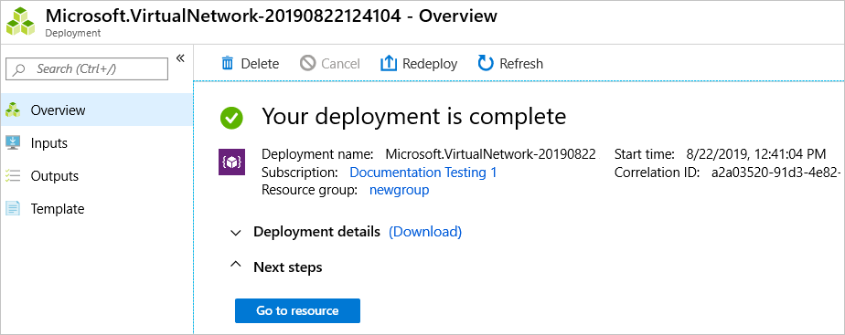 Screenshot of the Azure portal showing deployment history.