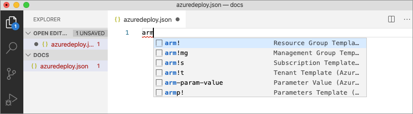 Screenshot showing Azure Resource Manager scaffolding snippets.