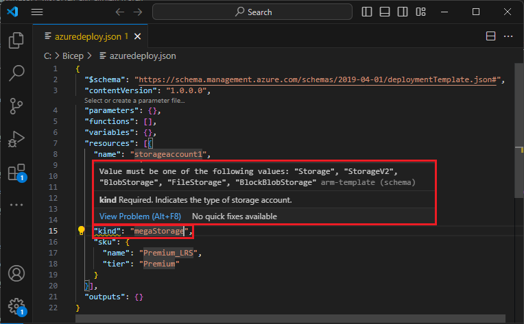 Screenshot showing an invalid storage configuration.