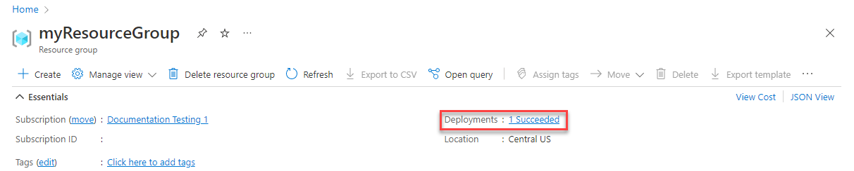 Screenshot of Azure portal showing the deployment status in the Essentials section of the resource group.