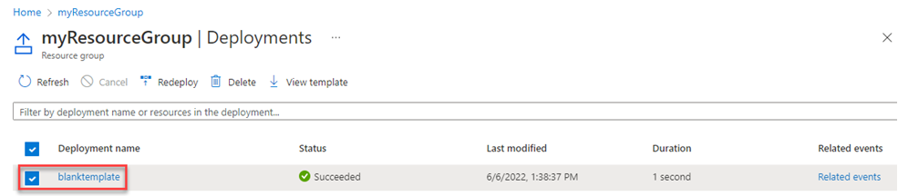 Screenshot of Azure portal displaying the deployment history with the blanktemplate deployment selected.