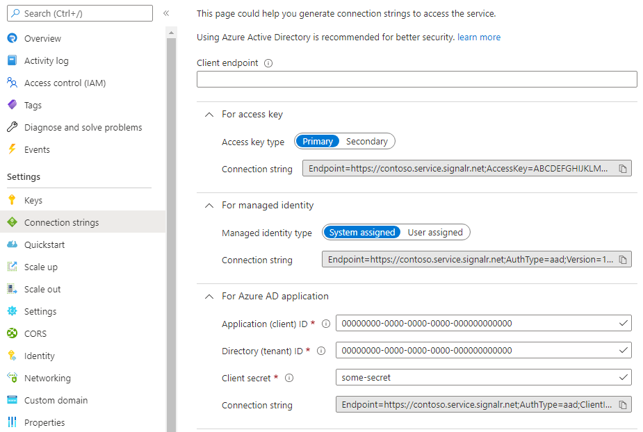 顯示 Azure 入口網站 中 Azure SignalR Service 連接字串 產生器的螢幕快照。