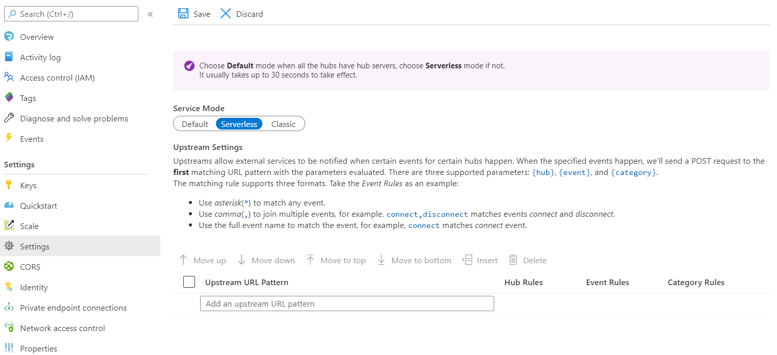 Screenshot of AzureSignalR Service Upstream settings.