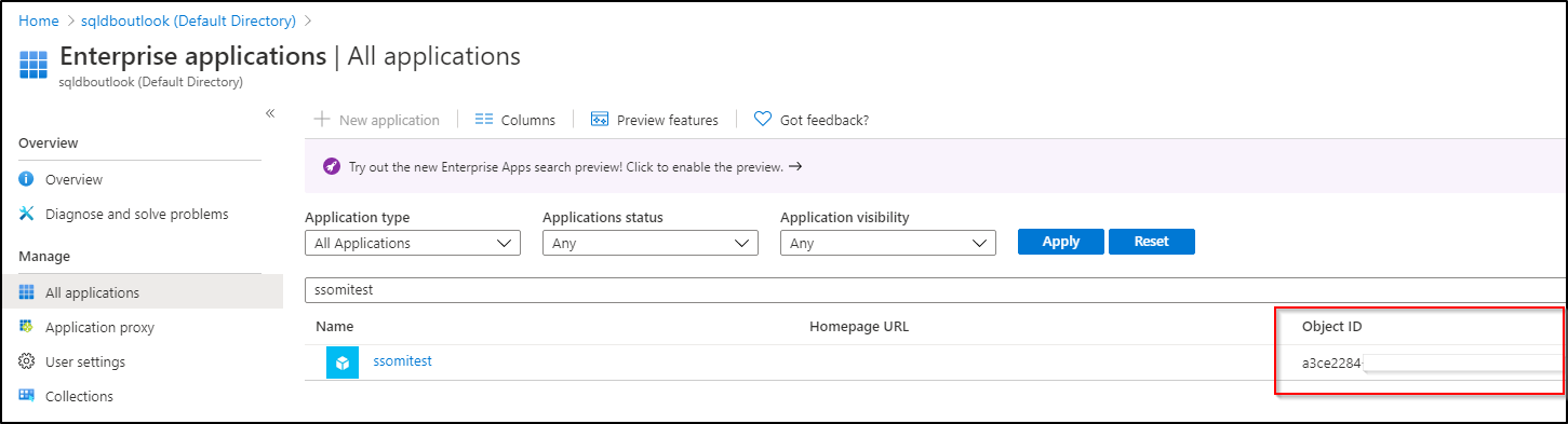 Microsoft Entra ID 資源的 [企業應用程式] 頁面螢幕擷取畫面，其中已醒目提示 SQL 受控執行個體的物件識別碼。