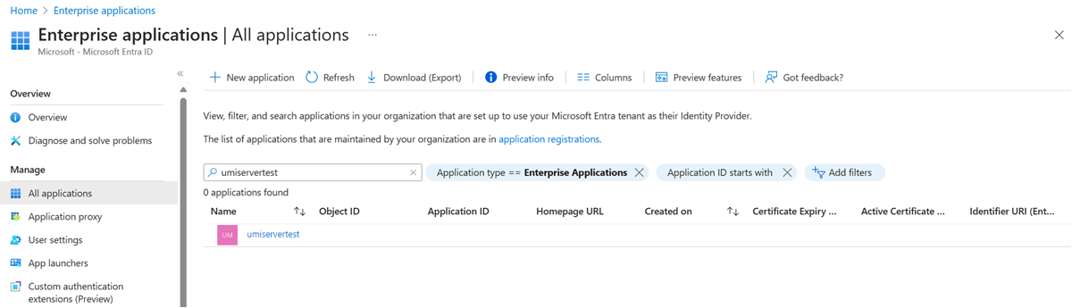 Screenshot of enterprise application settings in the Azure portal.