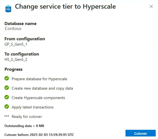 Azure 入口網站的螢幕快照，其中顯示超大規模轉換中的 [完全移轉] 按鈕。