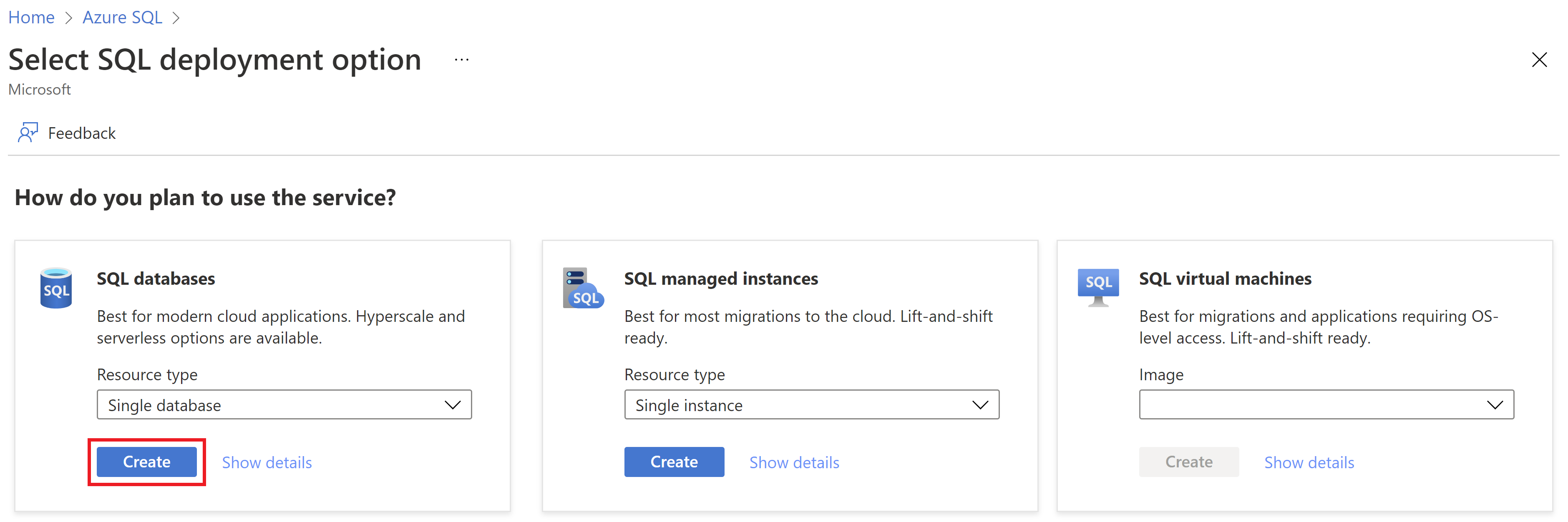 Azure 入口網站中 [選取 SQL 部署] 選項頁面的螢幕擷取畫面。