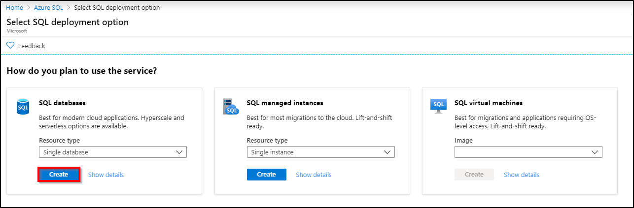 Azure 入口網站 [選取 SQL 部署] 選項頁面的螢幕擷取畫面。