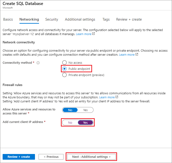 Azure 入口網站 [建立SQL Database] 頁面的螢幕擷取畫面，其中顯示 [網路] 索引標籤。