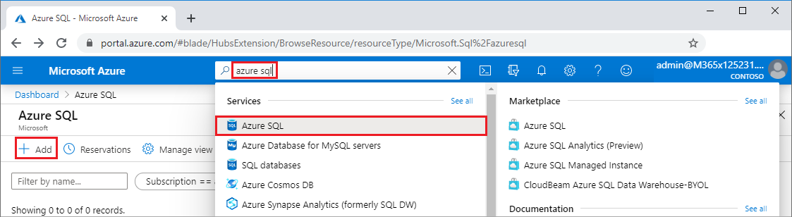 Azure 入口網站搜尋畫面的螢幕擷取畫面，其中顯示Azure SQL。