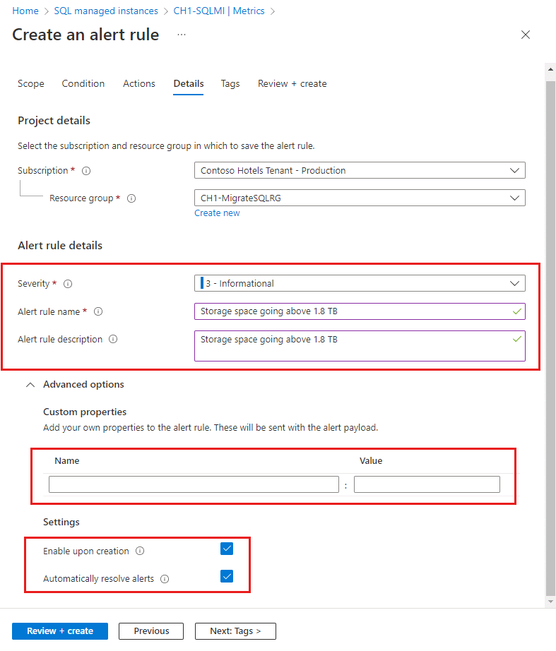 Azure 入口網站中 [建立警示] 對話方塊的 [詳細資料] 索引標籤螢幕擷取畫面。