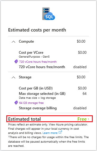 螢幕擷取畫面：免費供應項目成本摘要卡片。詳細資料包含「前 64 GB 儲存體免費」與「720 個免費虛擬核心時數」。